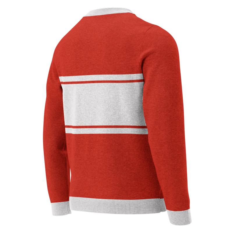 Red sweater with gray accents featuring two horizontal grey stripes on the back.