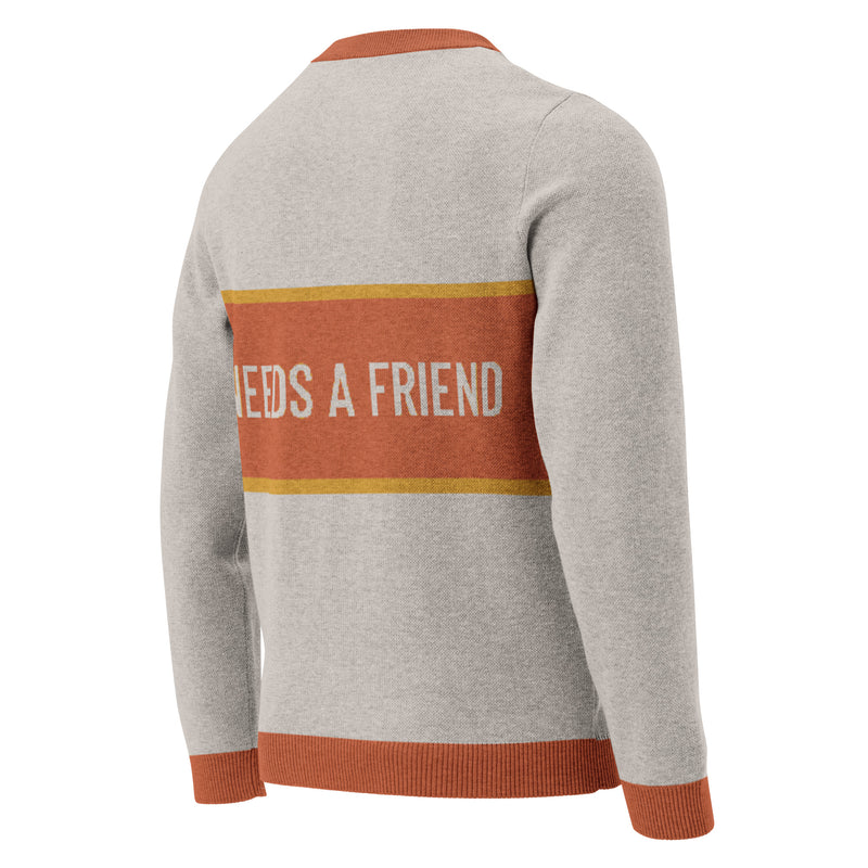 Back of sand colored sweater with the text 'NEEDS A FRIEND' against an orange stripe with a yellow border.