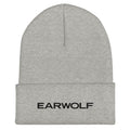 Gray beanie hat with folded cuff featuring the word 'EARWOLF' in black lettering.