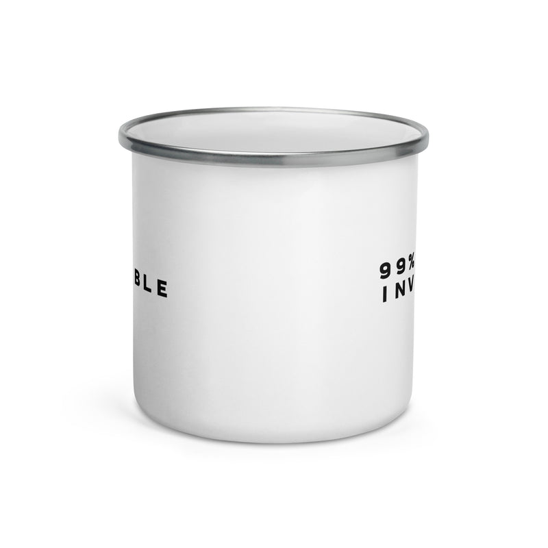 A white mug with a silver rim featuring '99% INVISIBLE' on opposite sides.