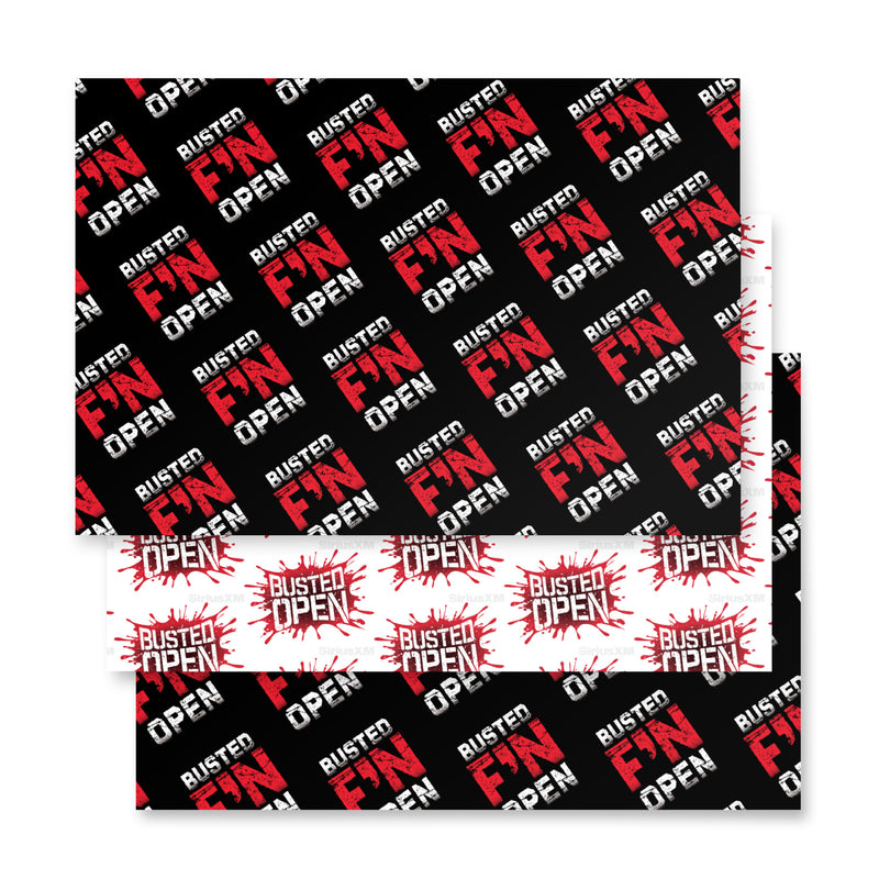 Three overlapping wrapping paper sheets. Top and bottom wrapping papers feature repeated 'Busted F'N Open' in white and red text against a black background. Middle wrapping paper is white with red and white 'Busted Open' logo repeated.