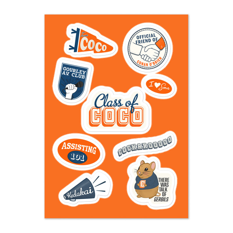 Colorful stickers featuring phrases like Class of Coco, Assisting 101, and images of a gerbil and microphone on an orange background.