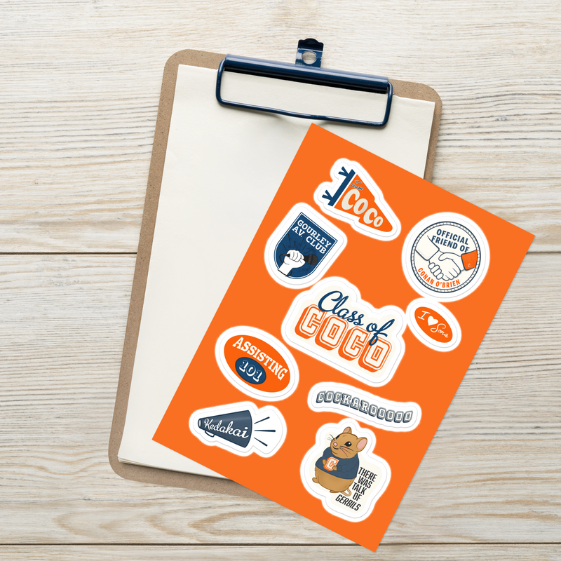 Colorful stickers featuring phrases like Class of Coco, Assisting 101, and images of a gerbil and microphone on an orange background.