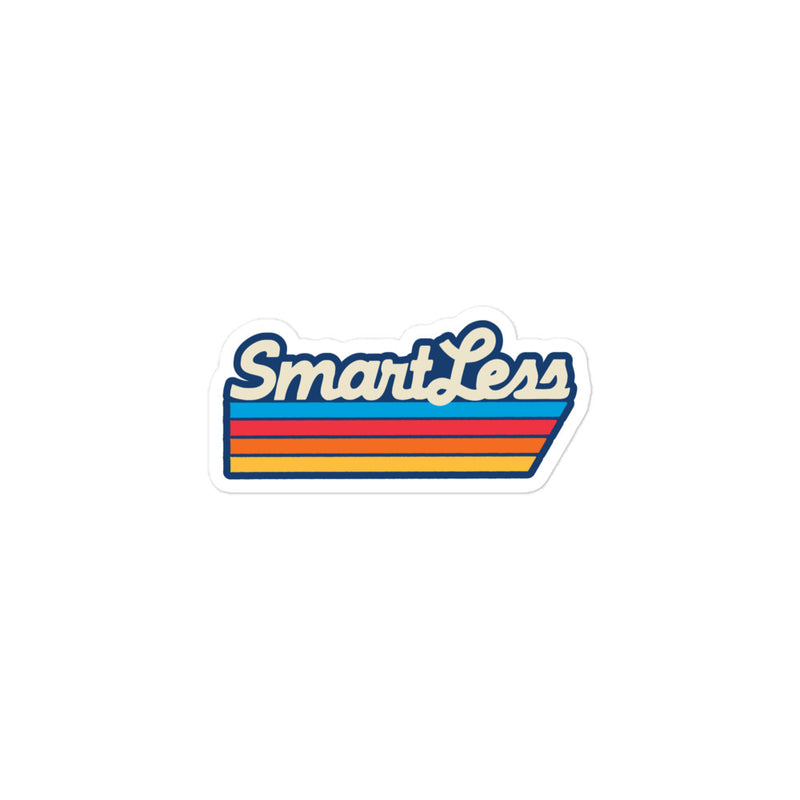 Sticker featuring the text SmartLess with colorful horizontal stripes in blue, orange, and yellow.