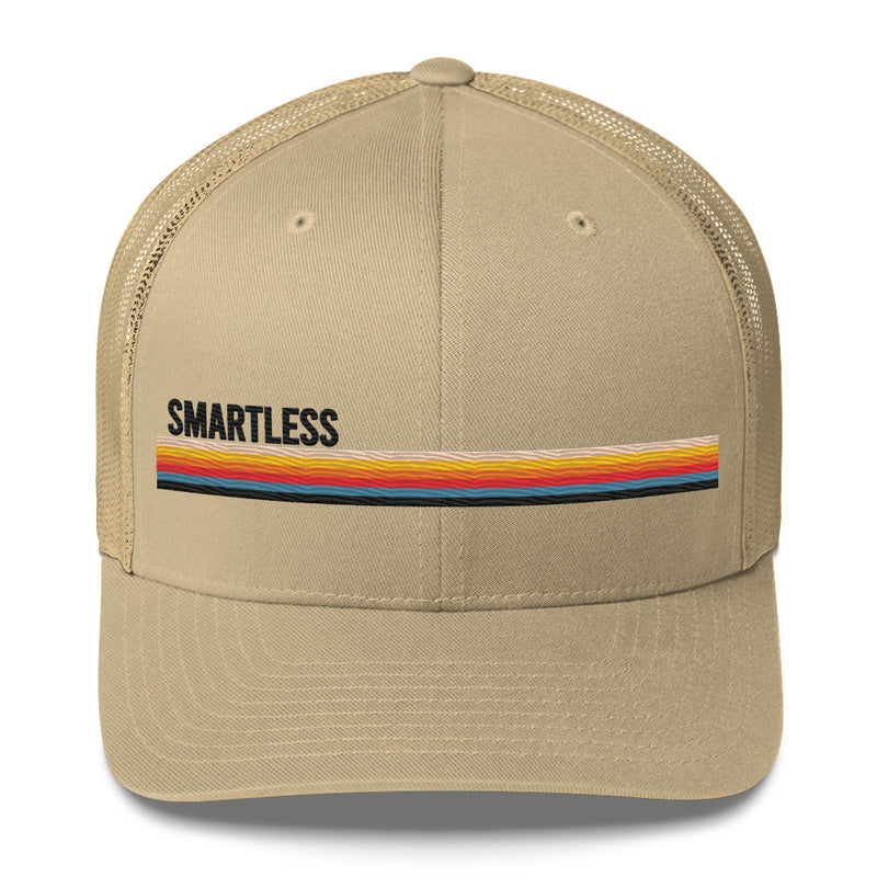 Khaki baseball cap with the word 'SMARTLESS' embroidered on the front and a colorful horizontal stripe design.