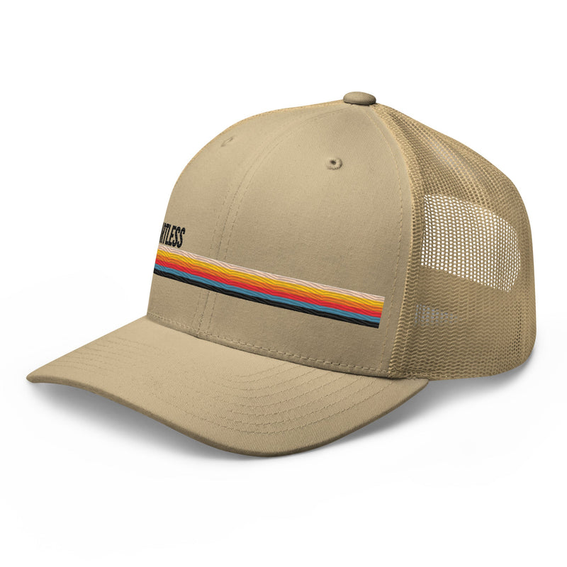 Khaki trucker hat with a colorful horizontal embroidered striped design and mesh panneling at side and back.