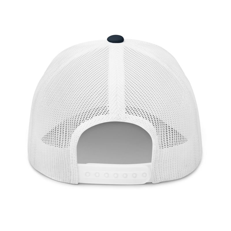 back view of a white mesh cap with adjustable closure and dark button at the top