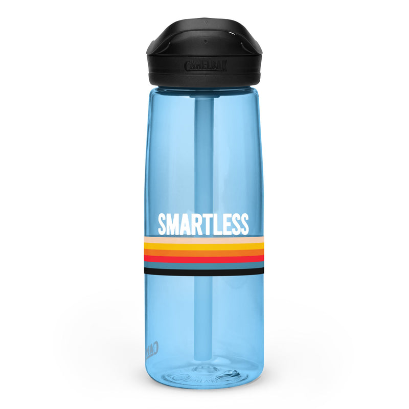 CamelBak water bottle in blue with the word SMARTLESS and a colorful striped band.