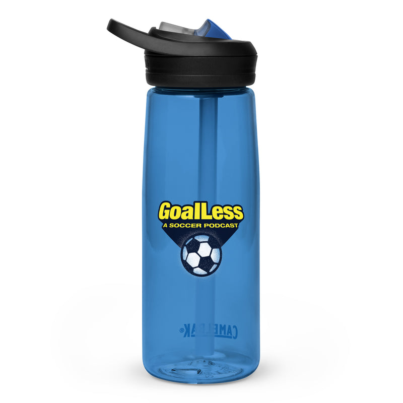 Blue water bottle with a straw and black lid with 'GoalLess A Soccer Podcast' logo.