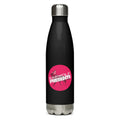 Black stainless steel water bottle featuring pink circular 'Earwolf Presents' logo and howling wolf silhouette.