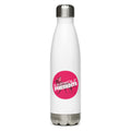 White stainless steel water bottle featuring pink circular 'Earwolf Presents' logo and howling wolf silhouette.