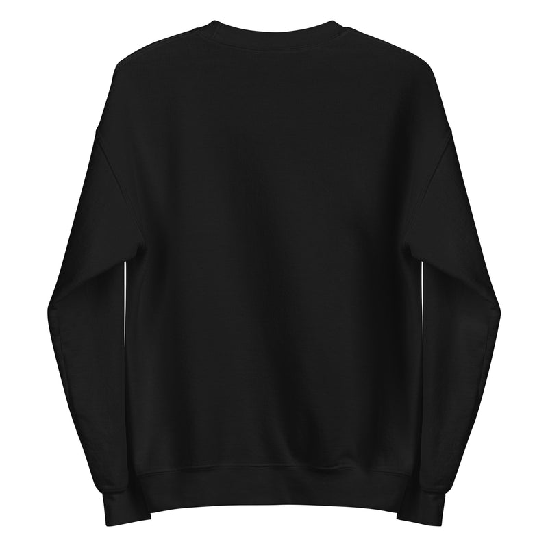 The back view of the black crewneck sweatshirt, showing a clean, minimalist design against a white background. 