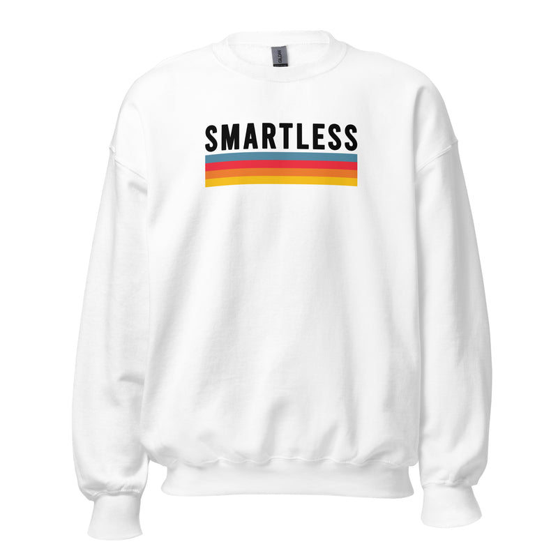 White sweatshirt featuring the text 'SMARTLESS' with blue, red, orange and yellow stripes underneath.