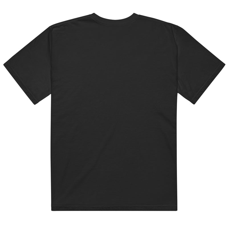 The backside of the same black t-shirt, shown without any visible design or text, laid flat against a plain white background.