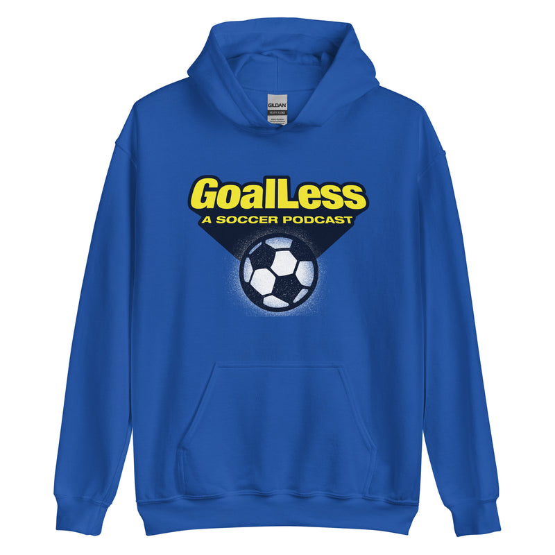 A blue hoodie featuring the text 'GoalLess A Soccer Podcast' above a soccer ball graphic.