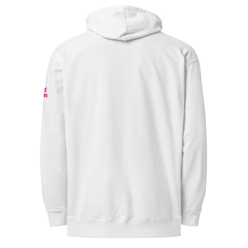 Back view of a white hoodie with pink text on the left sleeve.