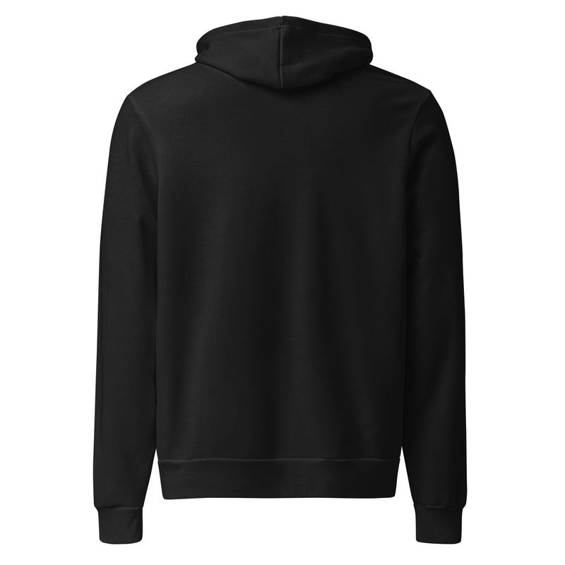 The backside of the black pullover hoodie, shown without any visible designs or text. The hood is up, and the fabric appears smooth with a standard fit.