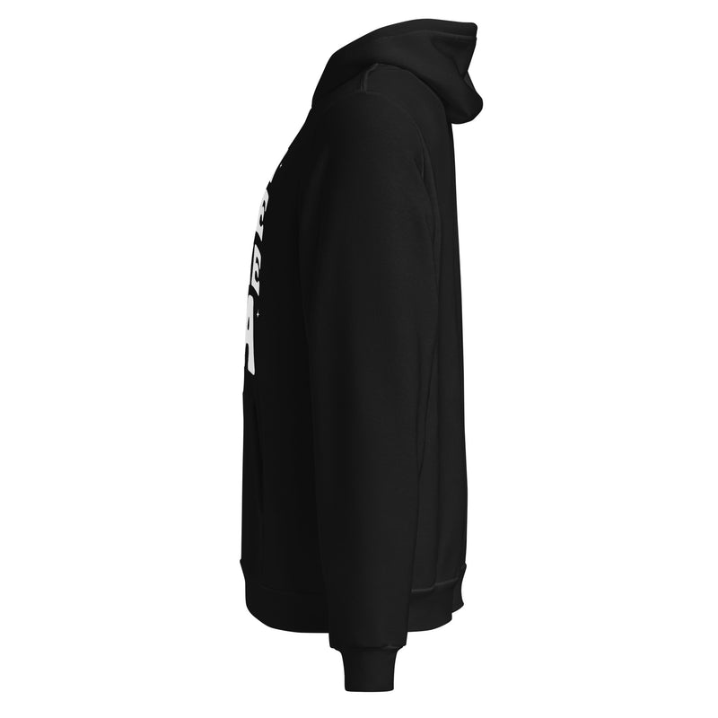 A side view of the black pullover hoodie, showing the relaxed fit and long sleeves. The white text design is partially visible from this angle.