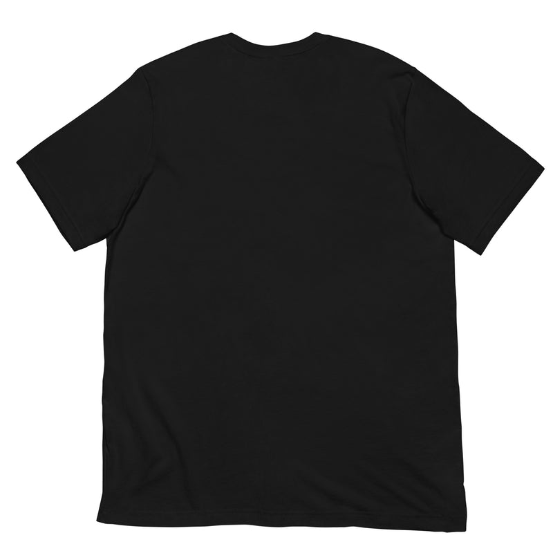 black t-shirt viewed from the back with short sleeves and a relaxed fit