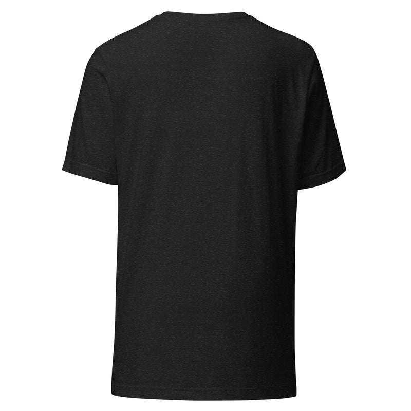 The backside of the black heather unisex t-shirt, shown without any visible designs or text. The fabric appears smooth, with a standard fit.