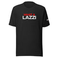 Front of black T-shirt with the text 'WHAT A LAZZI' in red and white.