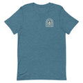 Blue short-sleeve t-shirt with a light logo on the chest area featuring text and a flame graphic.