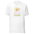 White t-shirt with colorful hands holding a globe design and the text 'Stars and Stars with ISA'