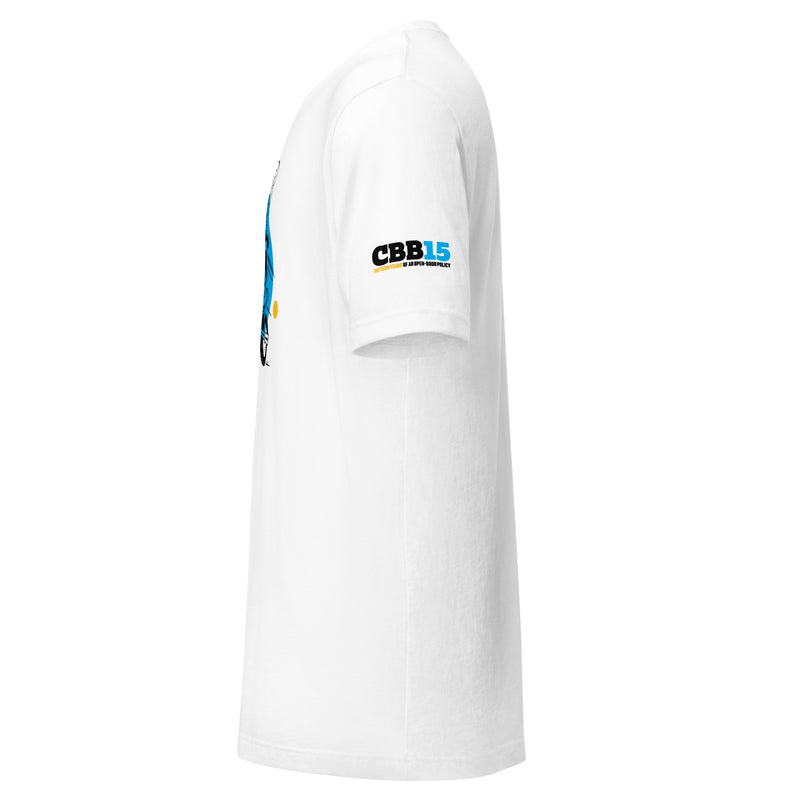 Side view of a white t-shirt featuring a colorful graphic design and logo on the sleeve.