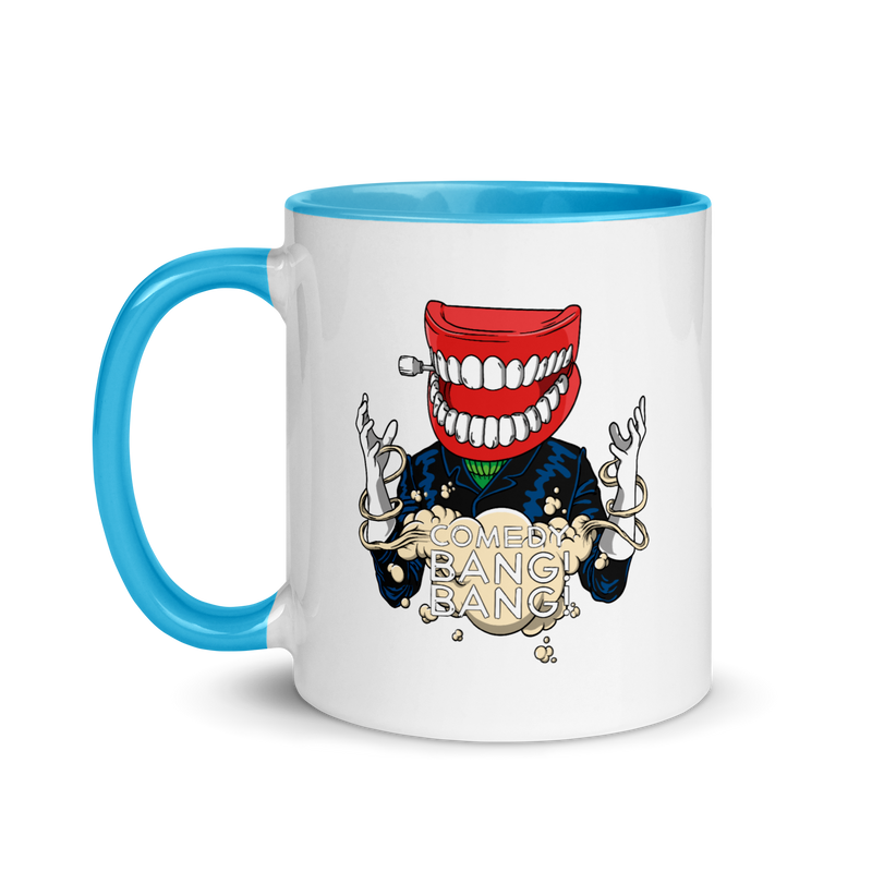 colorful mug featuring a whimsical design with a large smiling mouth and the text Comedy Bang Bang