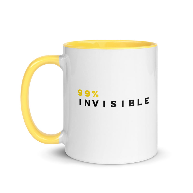 Mug with a white body and yellow interior and handle featuring the text '99% INVISIBLE' in black and yellow lettering.