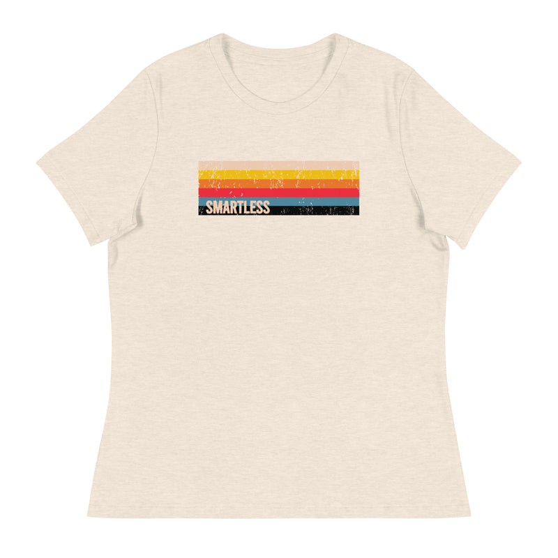 An off white t-shirt featuring a vintage-inspired design with horizontal stripes in yellow, orange, red, and blue, and the word 'SMARTLESS' printed in a distressed font.