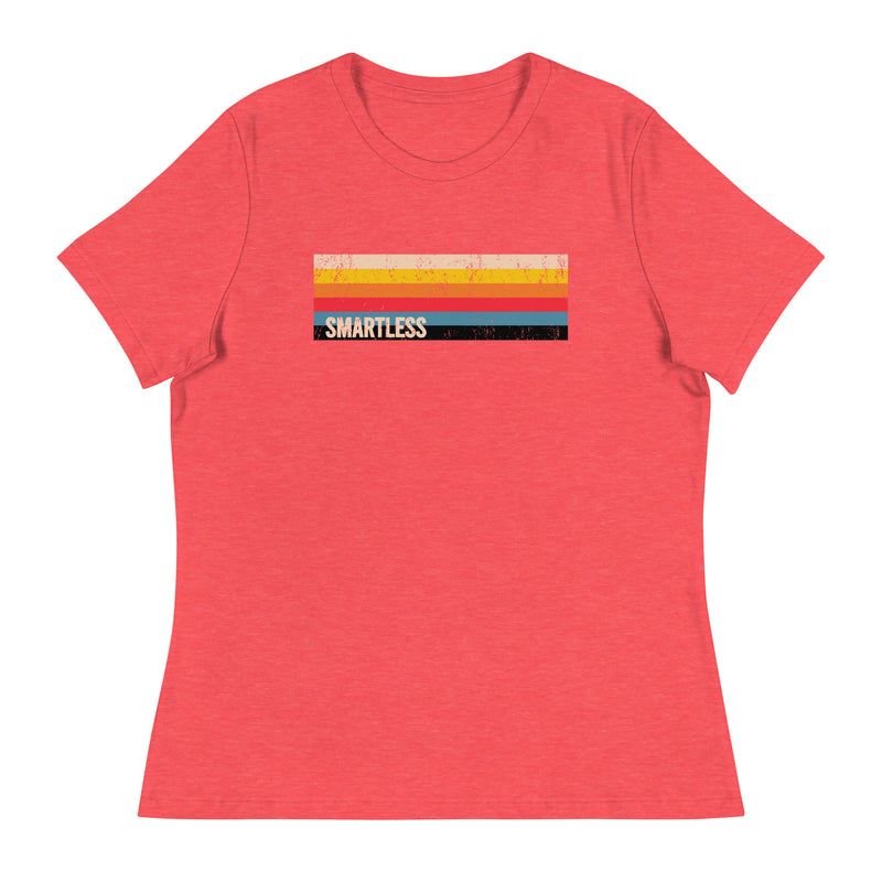 A red heather t-shirt featuring a vintage-inspired design with horizontal stripes in yellow, orange, red, and blue, and the word 'SMARTLESS' printed in a distressed font.