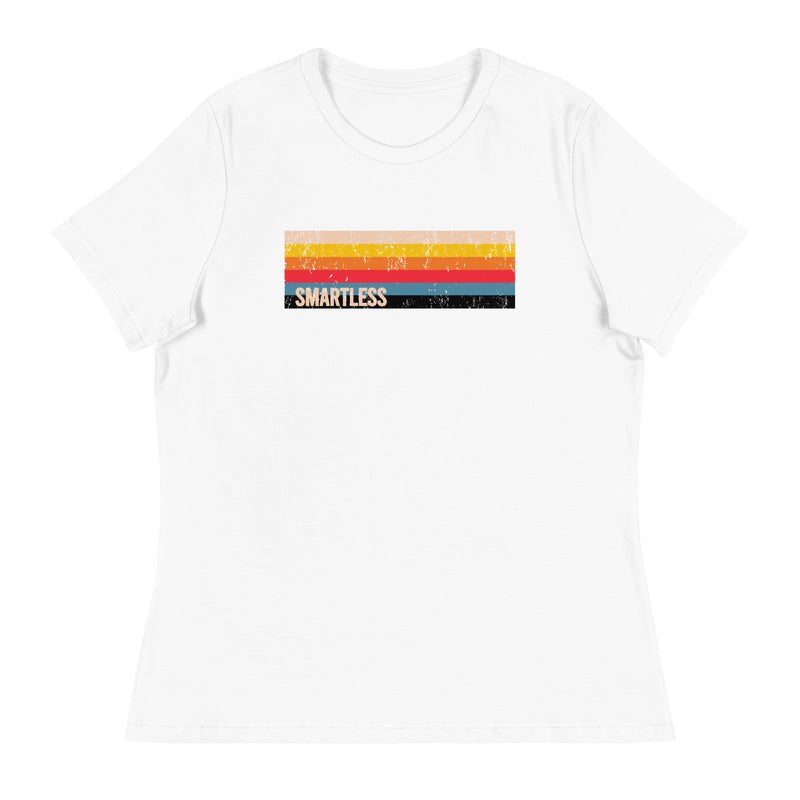 A white  t-shirt featuring a vintage-inspired design with horizontal stripes in yellow, orange, red, and blue, and the word 'SMARTLESS' printed in a distressed font.