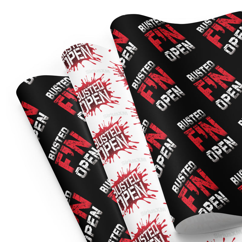 Three overlapping curled wrapping papers. First and last wrapping papers feature 'Busted F'N Open' in white and red text repeated against a black background. Middle wrapping paper is white with red and white 'Busted Open' logo repeated.