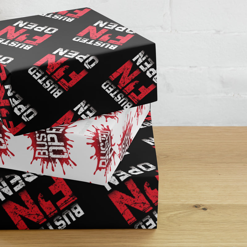 Three boxes wrapped in Busted Open wrapping paper. Top and bottom box wrapped in black paper with red and white 'Busted F'N Open' featured. The middle box is white with the red and white 'Busted Open' logo.