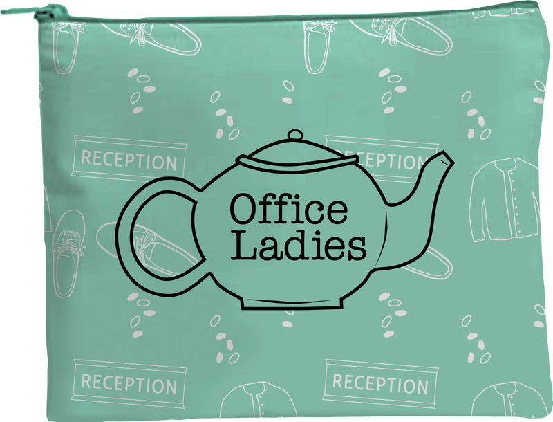 A mint green pouch with a teapot graphic and the text 'Office Ladies' surrounded by illustrations of shoes and reception signs.