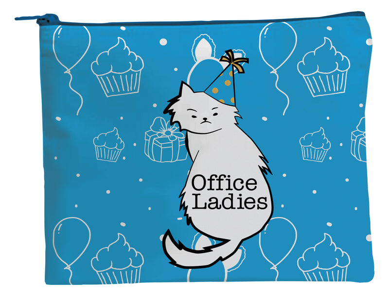 Blue pouch featuring a cat in a party hat with the text 'Office Ladies' and illustrations of cupcakes and balloons.