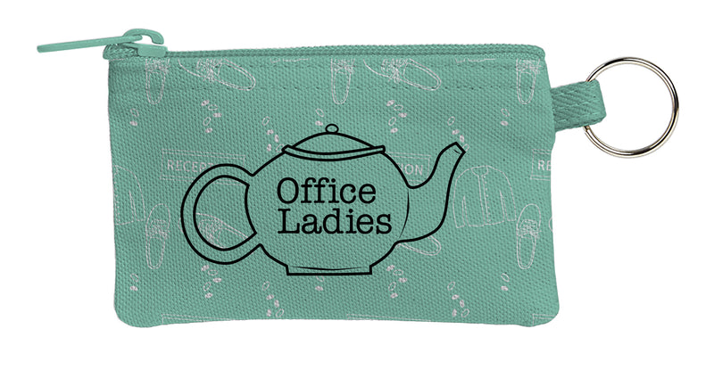 Mint green zippered pouch with a teapot design and the text 'Office Ladies' over a subtle pattern of office-related images.