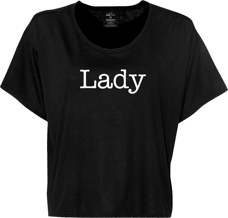 Black cropped t-shirt with the word 'Lady' printed in white on the front.