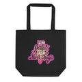 Black canvas tote bag featuring colorful pink text saying 'I'm perfect, I'll never change' and a small heart graphic.