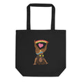 Black canvas tote bag featuring the Illustration of a woman doing a cartwheelheart with heart and rainbow design elements.