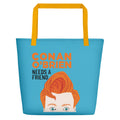 Teal beach bag with yellow handles, featuring an illustrated portrait of a man with orange hair, text reads 'Conan O'Brien Needs A Friend.'