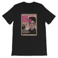 A black t-shirt featuring a vintage podcast poster for 'Mob Queens' with Anna Genovese's image and others in black and white elements.