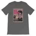 A grey t-shirt featuring a vintage podcast poster for 'Mob Queens' with Anna Genovese's image and others in black and white elements.