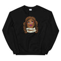 Black sweatshirt featuring the Illustration of a woman with long hair, resting her chin on her hands, with text banners reading 'What a treat, What a dream.'