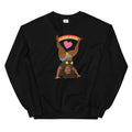 Black sweatshirt featuring the Illustration of a woman doing a cartwheelheart with heart and rainbow design elements.