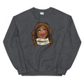 Dark grey sweatshirt featuring the Illustration of a woman with long hair, resting her chin on her hands, with text banners reading 'What a treat, What a dream.'