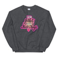 Dark grey sweatshirt featuring colorful pink text saying 'I'm perfect, I'll never change' and a small heart graphic.