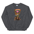 Dark grey sweatshirt featuring the Illustration of a woman doing a cartwheelheart with heart and rainbow design elements.