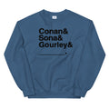 Blue sweatshirt with bold black text: 'Conan & Sona & Gourley & _____.'